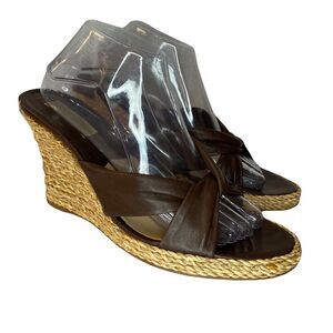 Michael Kors Chocolate Brown Leather Espadrille/Jute Wedge Sandals Size 10